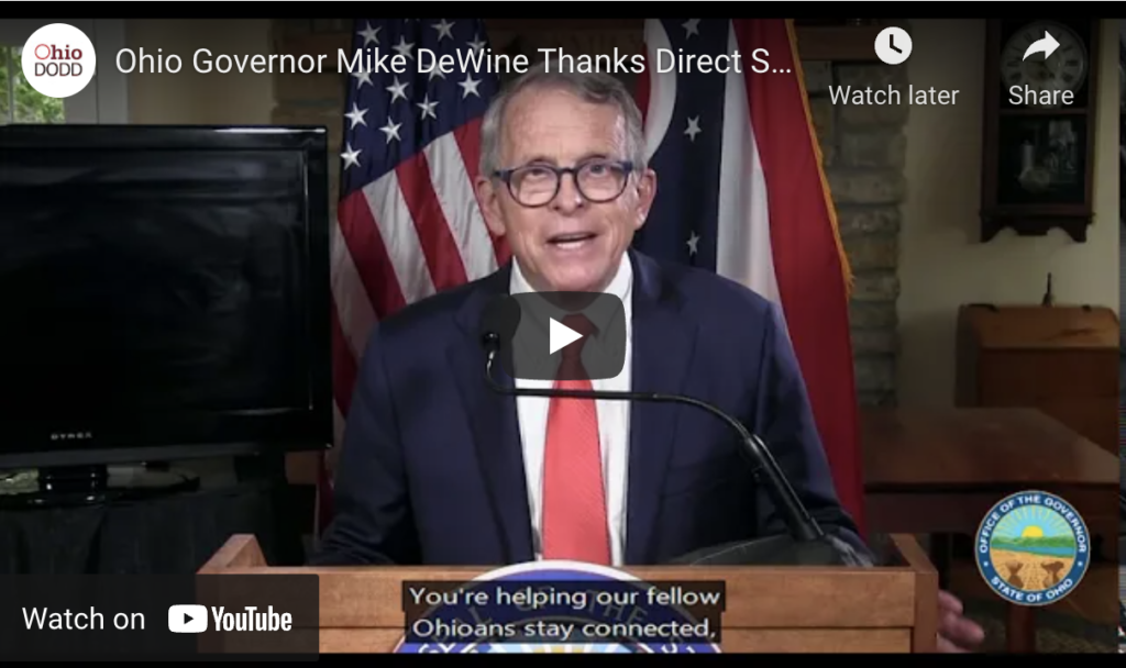 Ohio Governor Mike DeWine thanks Direct Support Professionals, screenshot from address
